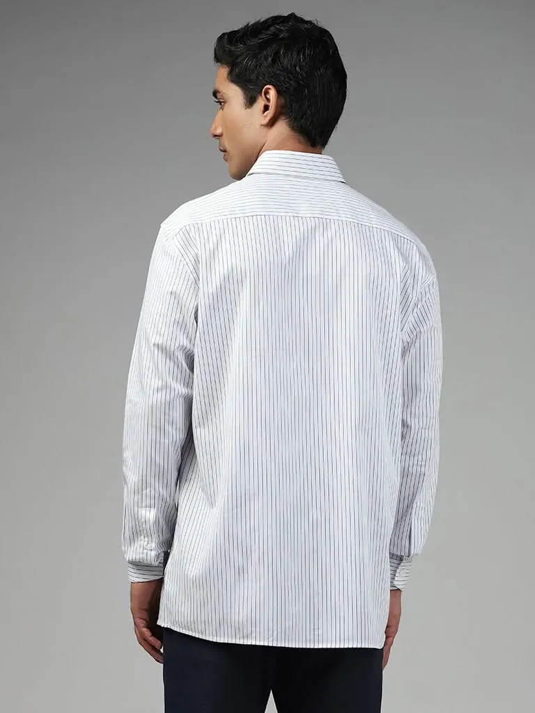 WES Formals Striped White Cotton Relaxed-Fit Shirt