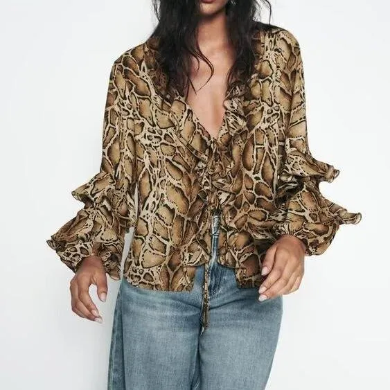 Women Clothing Manufacturers V Neck Leopard Print Women Shirt Ruffled Long Sleeve Loose Top