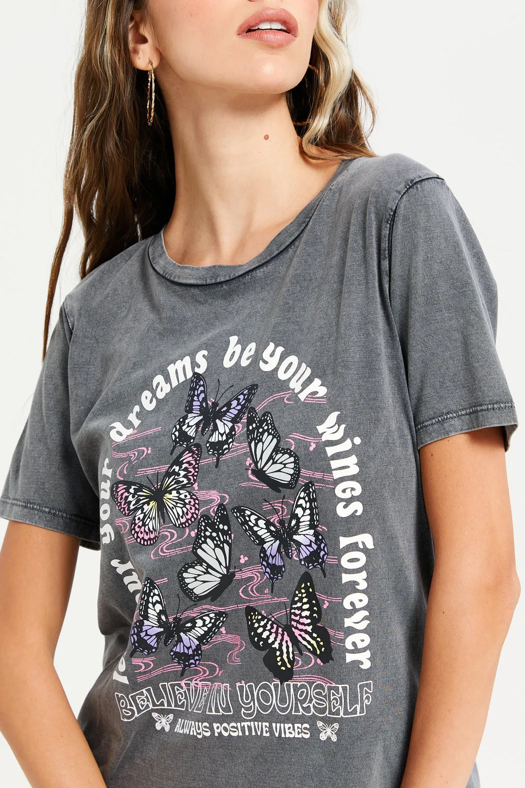 Women Grey Overdyed Printed T-Shirt