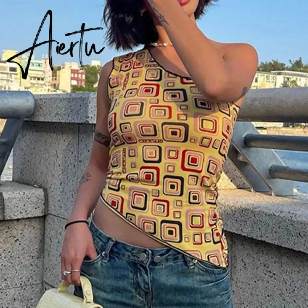 Yellow Geometry Print One Shoulder Tank Top Women Vintage Slim Fit Asymmetric Vest Harajuku Grunge Crop Top Summer Streetwear