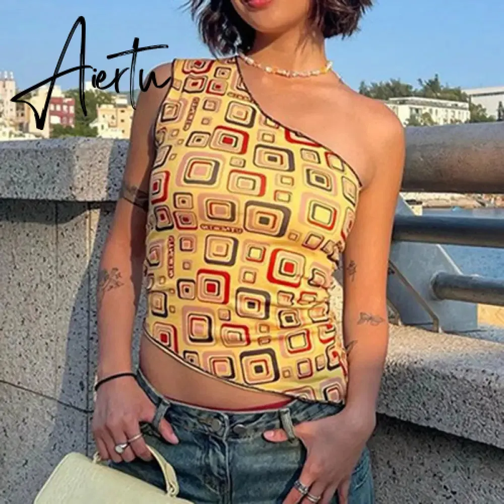 Yellow Geometry Print One Shoulder Tank Top Women Vintage Slim Fit Asymmetric Vest Harajuku Grunge Crop Top Summer Streetwear